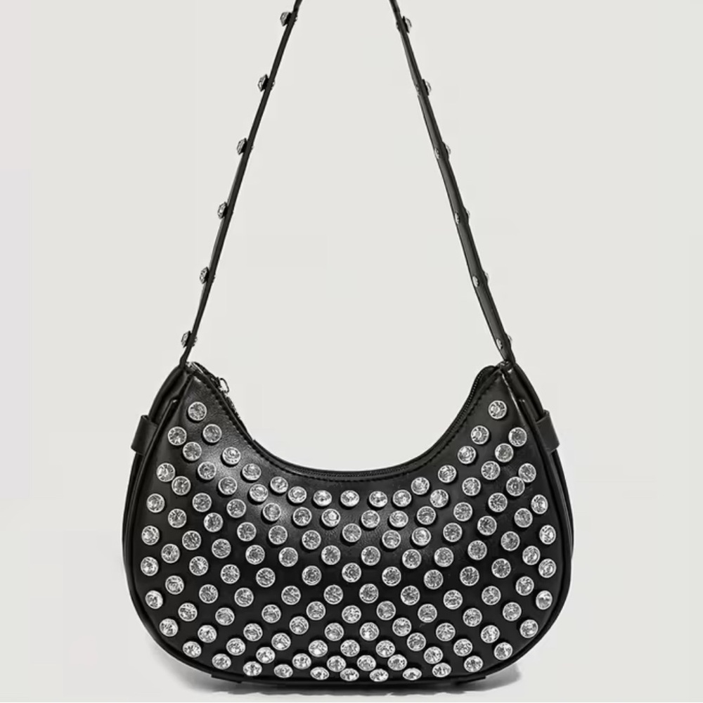 Black Rhinestone Studded Shoulder Purse